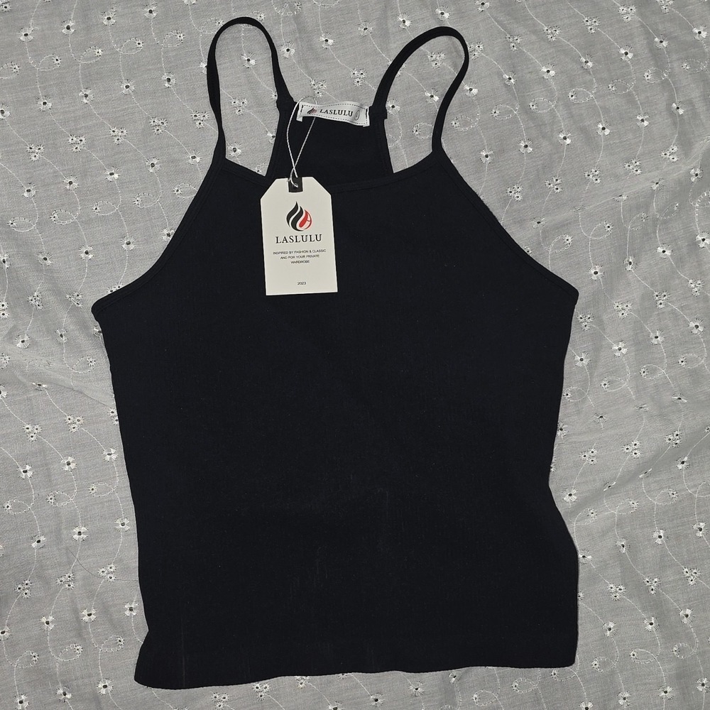 LASLULU Women's Black Knit Halter Spaghetti Strap Camisole Tank Top Regular Size